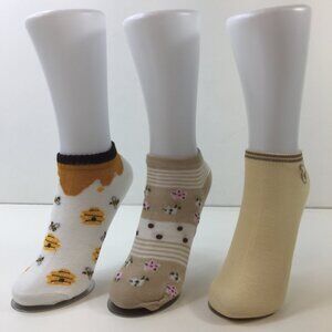 Womens Ankle Socks 3 Pack Bee Floral Patterns Bear Yellow Brown